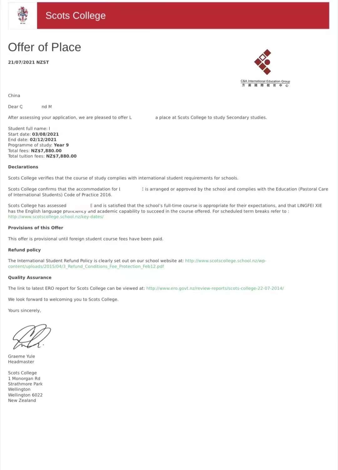 21/07/2021 Scots College 9年级网课Offer